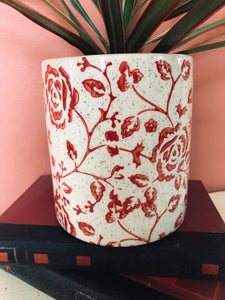 Cache-pot vintage - céramique blanche et motifs rouge