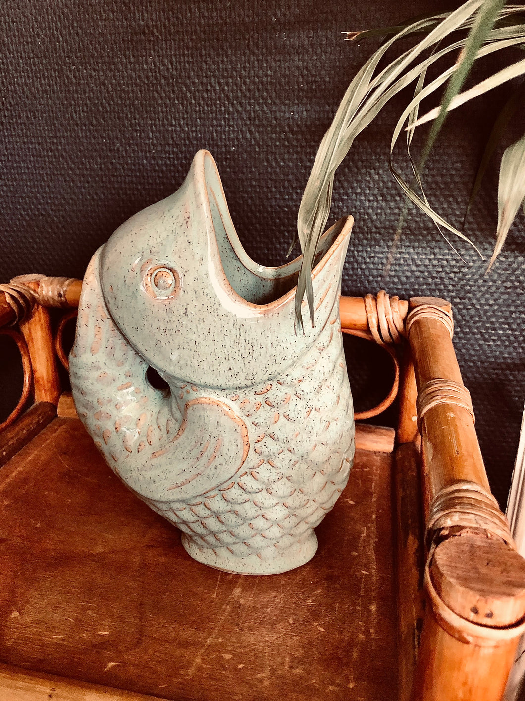 Pichet / vase céramique verte poisson